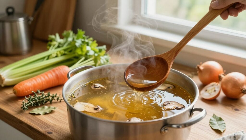 A steaming pot of rich, golden chicken broth sits on a rustic wooden kitchen countertop, surrounded by fresh vegetables like carrots, celery, and onions, emphasizing the essence of a good bulion. In the foreground, a wooden ladle elegantly dips into the pot, inviting warmth. The middle ground showcases various herbs—thyme and bay leaves—scattered artistically, suggesting an aromatic infusion. Soft, natural light floods the scene from a nearby window, casting gentle shadows that enhance the cozy atmosphere. In the background, blurred kitchen utensils and a bouquet of herbs create a sense of homey comfort. The mood is inviting, suggesting warmth and a delicious journey into flavors, perfect for crafting an aromatic and creamy mushroom soup.