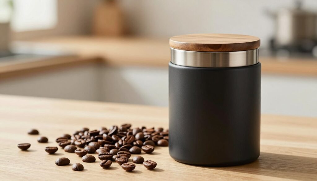 A stylish, airtight coffee storage container placed prominently in the foreground, crafted from matte black stainless steel with a wood lid. The container features a simple, elegant design, ensuring its functionality and aesthetics. In the middle ground, scattered coffee beans, showcasing rich brown hues, create a feeling of warmth and invite the viewer to contemplate their coffee experience. The background is softly blurred, hinting at a cozy kitchen setting with warm, natural light filtering through a nearby window, casting gentle shadows. The scene evokes a mood of calm and serenity, emphasizing the importance of preserving coffee freshness while providing an inviting atmosphere for coffee lovers.