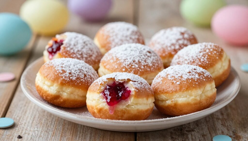 A tempting, close-up image of freshly made Polish donuts, known as pączki, arranged beautifully on a delicate porcelain plate. The pączki should be glistening with powdered sugar and filled with rich fruit preserves, such as raspberry or rose, some slightly cracked open to reveal the vibrant filling. In the foreground, soft, warm lighting casts gentle shadows, highlighting their fluffy texture. The middle ground features a rustic wooden table, enhancing the homemade feel. In the background, blurred pastel-colored decorations typical of Tłusty Czwartek (Fat Thursday) celebrations create a festive atmosphere. The composition conveys a sense of warmth and indulgence, inviting viewers to savor the delights of this traditional treat while being aware of their freshness and proper storage.
