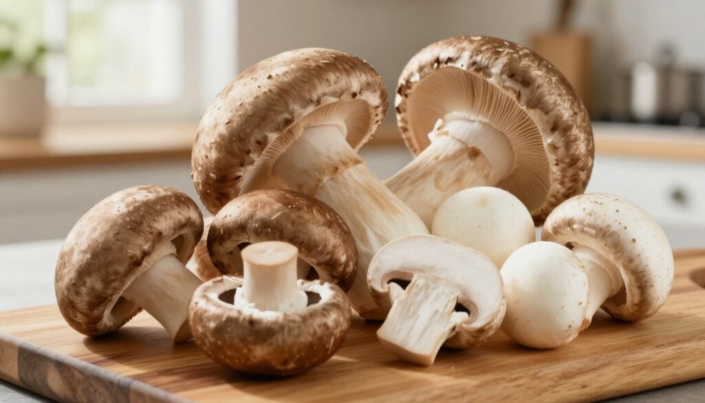 A vibrant and appetizing composition featuring a trio of mushroom varieties: cremini, portobello, and white button mushrooms, elegantly arranged on a rustic wooden cutting board. In the foreground, the cremini mushrooms display their rich, earthy brown tones, while the large, meaty portobello mushrooms showcase their expansive caps. The bright white button mushrooms contrast beautifully, adding a touch of freshness. The background is softly blurred, revealing a warm kitchen setting with gentle, natural light filtering through a nearby window, creating an inviting atmosphere. The scene emphasizes the textures of the mushrooms, showcasing their smooth surfaces and delicate gills, while subtle shadows enhance the depth. The overall mood is warm and enticing, perfect for a culinary exploration.