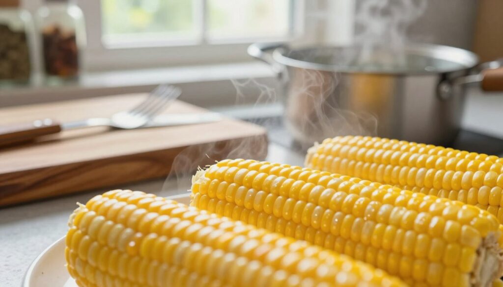 A vibrant and close-up image of cooked corn kernels, displaying their glossy, yellow texture and steam gently rising from them, should occupy the foreground. The middle ground features a rustic wooden cutting board with a pot of boiling water to the side, indicating the cooking process. In the background, soft, natural light filters through a window, creating a warm and inviting kitchen atmosphere. The scene is detailed and inviting, with utensils and seasonings subtly placed, hinting at the preparation of corn as fish bait. The composition is well-lit, emphasizing the freshness and appetite appeal of the corn, while maintaining a clear focus on the preparation steps, capturing a serene yet engaged mood.