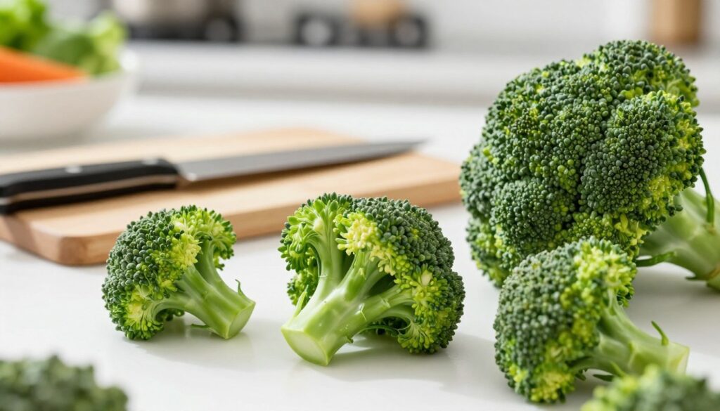 A vibrant and fresh close-up of broccoli florets, known as "różyczki," set against a clean white countertop. In the foreground, the intricate details of the green florets are captured, showcasing their texture and natural sheen. The middle ground features a cutting board with a sharp knife, hinting at the preparation stage. Soft, diffused natural lighting pours in from the left, casting gentle shadows that enhance the broccoli's freshness. In the background, a blurred kitchen scene is visible, with subtle hints of other vegetables, suggesting a wholesome cooking environment. The atmosphere is bright and clean, evoking a sense of health and nourishment. The overall composition is balanced and inviting, perfect for illustrating broccoli preparation before cooking.