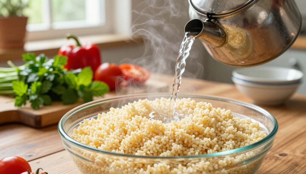 A vibrant and inviting kitchen scene focused on traditional couscous preparation. In the foreground, a clear glass bowl filled with fluffy, perfectly hydrated couscous, glistening from steam. A kettle with boiling water pours over the couscous, creating a gentle cascade, emphasizing the soaking method. The middle layer features a wooden cutting board with fresh herbs like parsley and mint, along with colorful vegetables like bell peppers and tomatoes, hinting at a nutritious accompaniment. In the background, soft, natural light filters through a window, illuminating rustic kitchen elements like a wooden table and ceramic dishes, creating a warm, homely atmosphere. The shot is taken from a slightly elevated angle, showcasing the textures and colors with a shallow depth of field for a cozy, appetizing mood. A vibrant and inviting kitchen scene focused on traditional couscous preparation. In the foreground, a clear glass bowl filled with fluffy, perfectly hydrated couscous, glistening from steam. A kettle with boiling water pours over the couscous, creating a gentle cascade, emphasizing the soaking method. The middle layer features a wooden cutting board with fresh herbs like parsley and mint, along with colorful vegetables like bell peppers and tomatoes, hinting at a nutritious accompaniment. In the background, soft, natural light filters through a window, illuminating rustic kitchen elements like a wooden table and ceramic dishes, creating a warm, homely atmosphere. The shot is taken from a slightly elevated angle, showcasing the textures and colors with a shallow depth of field for a cozy, appetizing mood.