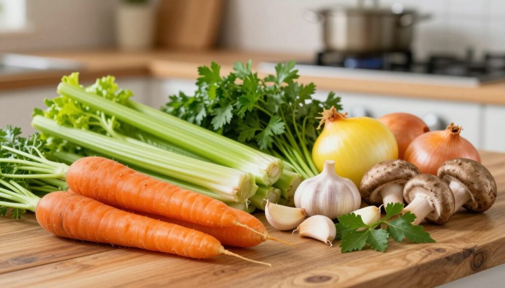 A vibrant assortment of fresh vegetables arranged artistically on a rustic wooden kitchen table. In the foreground, a bright bunch of carrots with rich orange hues, set next to a selection of deep green celery stalks, bright yellow onions, and earthy mushrooms. The middle features sliced and whole garlic cloves, surrounded by sprigs of parsley and bay leaves, all contributing to a sense of harmony. The background is softly blurred, showcasing an out-of-focus pot simmering on a stove, with warm, natural lighting illuminating the scene, creating a cozy and inviting atmosphere. The composition should evoke the essence of preparing ingredients for a clear broth, focusing on cleanliness and the natural beauty of the vegetables.