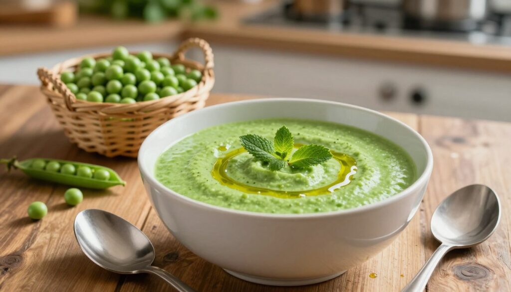A vibrant bowl of creamy green pea soup, or "krem z groszku," sits elegantly on a rustic wooden table. The soup is a luscious, smooth green, garnished with a drizzle of olive oil and sprinkled with fresh mint leaves. In the foreground, a spoon rests beside the bowl, with a few drops of soup on the side. In the middle ground, a small, woven basket filled with fresh peas and a few scattered pea pods adds an organic touch. The background features a softly blurred kitchen setting, with hints of herbs and cooking utensils, creating a cozy home atmosphere. Warm, natural lighting bathes the scene, casting gentle shadows and enhancing the vibrant color of the soup, evoking a feeling of comfort and nutrition.