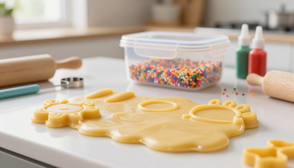 A vibrant, close-up view of a smooth, pliable mass of sugar paste, or "masę cukrową," displayed artistically on a sleek, white countertop. In the foreground, the sugar paste is shaped into intricate decorative forms, showcasing its flexibility and sheen, with a few tools like rolling pins and cutters nearby. The middle ground features a stylish storage container with a lid, poised to emphasize the importance of proper storage to prevent drying out, surrounded by sprinkles and food coloring bottles to enhance the creative aspect. The background softly blurs into a well-lit kitchen setting, with a window letting in natural light, creating a warm, inviting atmosphere that highlights the artistry involved in working with sugar paste. Use soft, bright lighting to evoke a cheerful mood.