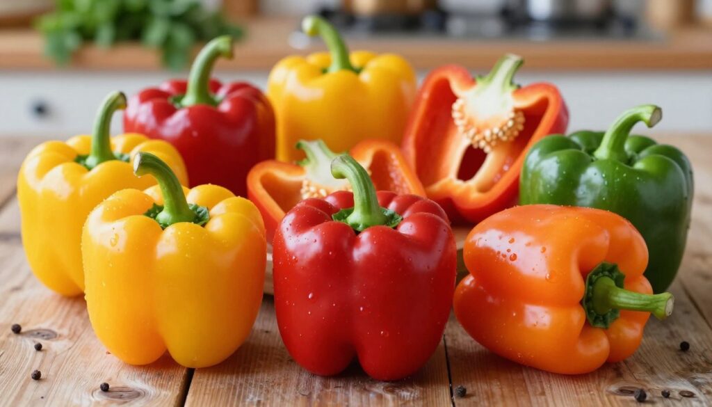 A vibrant collection of fresh, colorful bell peppers, including red, yellow, and green varieties, arranged artfully on a rustic wooden table. In the foreground, glossy, perfectly ripe peppers glisten under soft, natural light, showcasing their smooth skin and rich hues. The middle ground features a few cut peppers, exposing their seeds and inner texture, emphasizing freshness. In the background, a blurred kitchen setting with herbs and spices enhances the cooking theme. The overall mood is warm and inviting, evoking the essence of a home-cooked meal. The image captures the beauty and variety of ingredients essential for a flavorful dish without any distractions or labels.