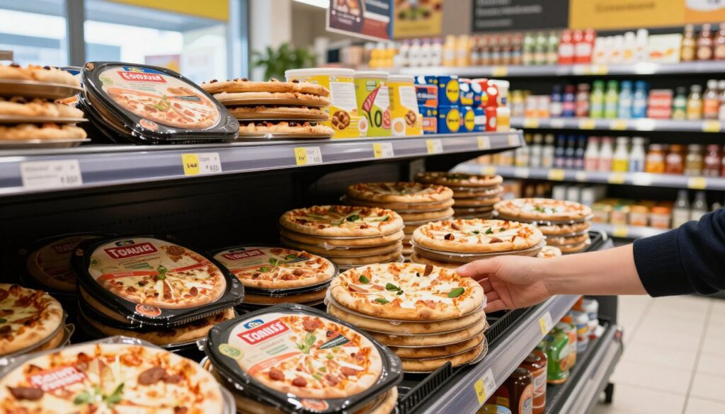 A vibrant interior of a Croatian supermarket, showcasing various pizza options on the shelves. In the foreground, a hand reaches for a frozen pizza from a Konzum brand, with distinct packaging signaling quality and affordability. In the middle, there are stacks of pizzas from Tommy and Lidl, artfully arranged to highlight their competitive pricing. In the background, brightly lit aisles filled with colorful grocery items emphasize a clean, organized shopping environment. Soft, natural lighting filters through the store's windows, casting a welcoming glow on the scene. The atmosphere feels friendly and budget-conscious, perfect for families looking for economical meal solutions. The composition captures the essence of supermarket shopping in Croatia, invoking a sense of practicality and choice without any human subjects.