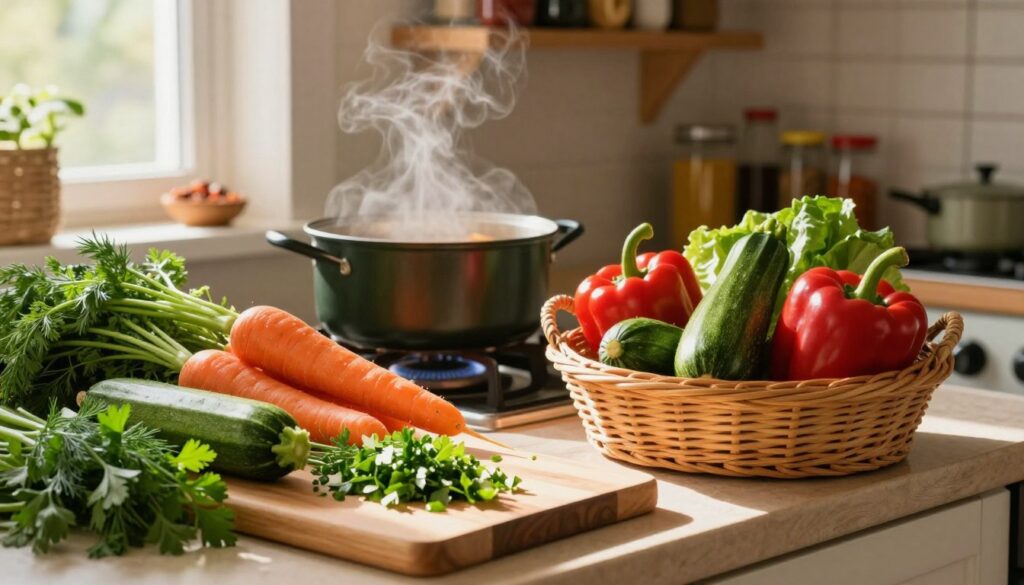 A vibrant kitchen countertop filled with an array of fresh vegetables, including bright orange carrots, deep green zucchinis, and rich red bell peppers, artfully arranged in a wicker basket. In the foreground, there's a wooden cutting board with chopped herbs like parsley and dill, hinting at flavor. In the middle, a pot simmers on a stove, with steam gently rising, casting soft light. The background features rustic shelves stocked with spices and cookbooks, illuminated by warm, natural sunlight pouring through a nearby window. The overall mood conveys a sense of homely warmth and culinary inspiration, perfect for a cozy cooking scene. The image should evoke a welcoming atmosphere, ideal for showcasing ingredient selection for a flavorful soup.