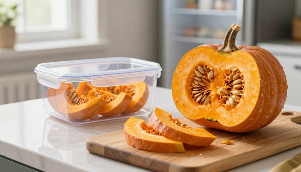 A vibrant kitchen countertop showcases a freshly cut pumpkin, gleaming under soft, natural light coming from a nearby window. In the foreground, the pumpkin is displayed half-open, revealing its vivid orange flesh and seeds, surrounded by a few slices that are neatly portioned and placed on a wooden cutting board. In the middle, a clear, airtight container is shown, ready for storing the pumpkin slices, reflecting a focus on preservation methods. In the background, hints of a tidy refrigerator can be seen, emphasizing the idea of proper storage after cutting. The overall atmosphere is warm and inviting, highlighting the concept of preparing pumpkin for winter storage in a cozy kitchen setting.