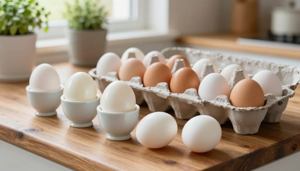 A vibrant kitchen scene featuring a variety of eggs in their shells, arranged aesthetically on a rustic wooden countertop. In the foreground, a few freshly boiled eggs sit in delicate porcelain egg cups, showcasing their smooth, shiny white shells. Behind them, a carton of raw eggs is displayed, emphasizing the differences in storage. The background includes soft-focus kitchen elements, such as herbs in pots and a window letting in warm, natural light, creating a cozy, inviting atmosphere. The image is shot from a slightly elevated angle to capture the arrangement, with a shallow depth of field to emphasize the eggs. Soft, diffused lighting enhances the freshness and cleanliness of the scene, perfect for illustrating the importance of proper egg storage.