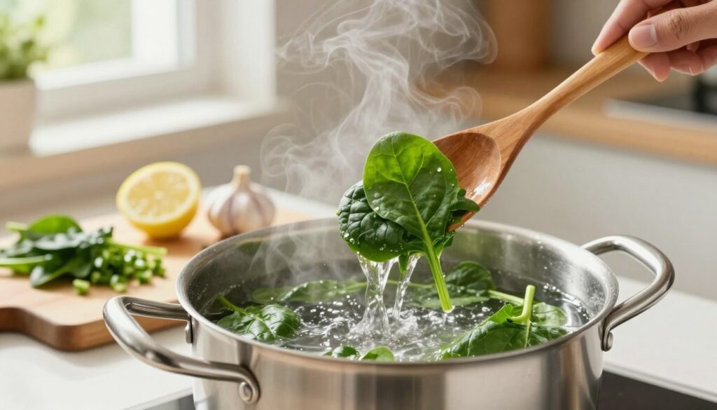 A vibrant kitchen scene showcasing the process of cooking spinach. In the foreground, a stainless steel pot filled with boiling water, steam rising gently, while fresh, bright green spinach leaves are being carefully lowered into the water using a wooden spoon. In the middle, a wooden cutting board with freshly chopped garlic and a lemon, adding a hint of zest and flavor to the dish. The background features a sunny kitchen with soft, natural light streaming in through a window, highlighting the freshness of the ingredients. The atmosphere is warm and inviting, emphasizing a healthy cooking experience, focusing on the preservation of color and taste in the cooking process. A vibrant kitchen scene showcasing the process of cooking spinach. In the foreground, a stainless steel pot filled with boiling water, steam rising gently, while fresh, bright green spinach leaves are being carefully lowered into the water using a wooden spoon. In the middle, a wooden cutting board with freshly chopped garlic and a lemon, adding a hint of zest and flavor to the dish. The background features a sunny kitchen with soft, natural light streaming in through a window, highlighting the freshness of the ingredients. The atmosphere is warm and inviting, emphasizing a healthy cooking experience, focusing on the preservation of color and taste in the cooking process.