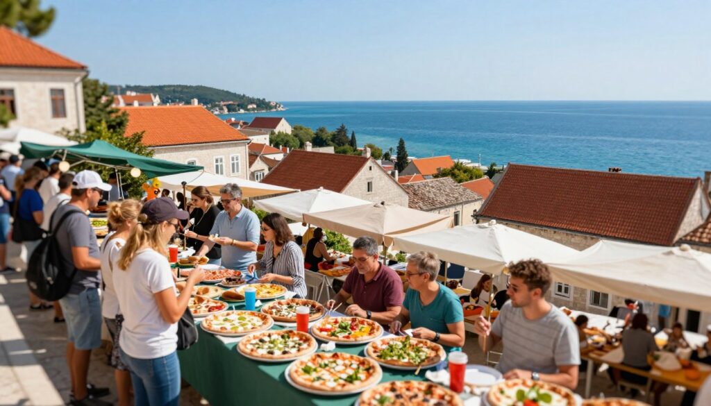 A vibrant scene showcasing a picturesque view of a Zagreb street market contrasted with the Adriatic Coast. In the foreground, colorful stalls display various types of pizzas, freshly made with local ingredients, surrounded by people enjoying their meals. An atmosphere of friendliness and warmth is palpable, with patrons in modest casual clothing engaging in lively conversations. The middle ground features traditional Croatian architecture, adding cultural depth, while the background reveals the stunning azure waters of the Adriatic Sea under a sunny sky. The lighting is bright and inviting, capturing the essence of a beautiful day. A slight tilt-shift effect emphasizes the busy market while maintaining the view of the coastline, creating a balanced and harmonious composition.