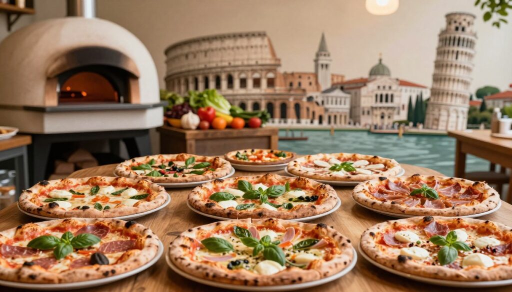 A vibrant scene showcasing a variety of pizzas laid out on a wooden table, representing different regions and cities in Italy. In the foreground, close-up views of pizzas topped with local ingredients, such as fresh basil, mozzarella, and cured meats. In the middle ground, a rustic Italian kitchen atmosphere, with a pizza oven and fresh produce displayed. In the background, iconic Italian city landmarks like the Colosseum, Venice canals, and the leaning tower of Pisa subtly rendered. Soft, warm lighting creates an inviting atmosphere, with a shallow depth of field to emphasize the pizzas. This composition captures the diversity of pizza pricing across Italian cities, celebrating culinary artistry and regional specialties.