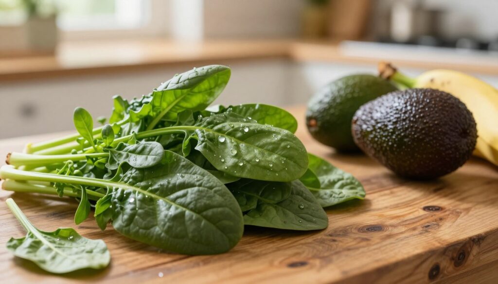 A vibrant still life composition showcasing the effects of ethylene on vegetables, particularly spinach. In the foreground, fresh green spinach leaves with rich color, some beginning to wilt, juxtaposed with ethylene-producing fruits like bananas and avocados. The middle ground features a rustic wooden table, with small water droplets on the spinach to emphasize humidity. The background is softly blurred, hinting at a kitchen scene with warm natural light streaming through a window, creating a cozy atmosphere. Use a shallow depth of field to draw focus on the spinach while hinting at nearby ethylene-releasing fruits. The overall mood should be one of warmth and home cooking, highlighting the importance of proper storage conditions for fresh produce.