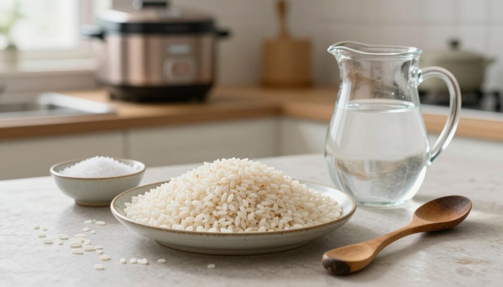 A visually appealing assortment of ingredients for making delicate rice porridge. In the foreground, a beautifully arranged plate features uncooked white rice, a small bowl of salt, and a pitcher of clear water, with a vintage wooden spoon resting beside them. The middle ground includes a subtle backdrop of a clean, rustic kitchen countertop with a soft-focus rice cooker and a small pot in the distance. Natural daylight streams in from a nearby window, creating a warm and inviting atmosphere that emphasizes the freshness of the ingredients. The image captures a sense of simplicity and purity, evoking the idea of gentle cooking and nourishment without text or distractions.