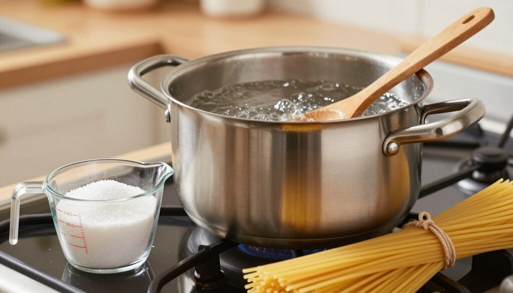 A visually appealing scene depicting the precise proportions of water and salt essential for cooking spaghetti, artistically arranged in the foreground. A large stainless steel pot filled with boiling water sits on a stove, surrounded by a measuring cup filled with salt and a perfectly coiled portion of uncooked spaghetti next to it. In the middle ground, a wooden spoon rests against the pot, hinting at the cooking process. The background features a softly lit kitchen with warm tones, invoking a cozy atmosphere. The lighting is bright and even, accentuating the shimmering surface of the boiling water. The image is captured from a slightly elevated angle, creating an inviting and instructional vibe. No text or distractions included. A visually appealing scene depicting the precise proportions of water and salt essential for cooking spaghetti, artistically arranged in the foreground. A large stainless steel pot filled with boiling water sits on a stove, surrounded by a measuring cup filled with salt and a perfectly coiled portion of uncooked spaghetti next to it. In the middle ground, a wooden spoon rests against the pot, hinting at the cooking process. The background features a softly lit kitchen with warm tones, invoking a cozy atmosphere. The lighting is bright and even, accentuating the shimmering surface of the boiling water. The image is captured from a slightly elevated angle, creating an inviting and instructional vibe. No text or distractions included.