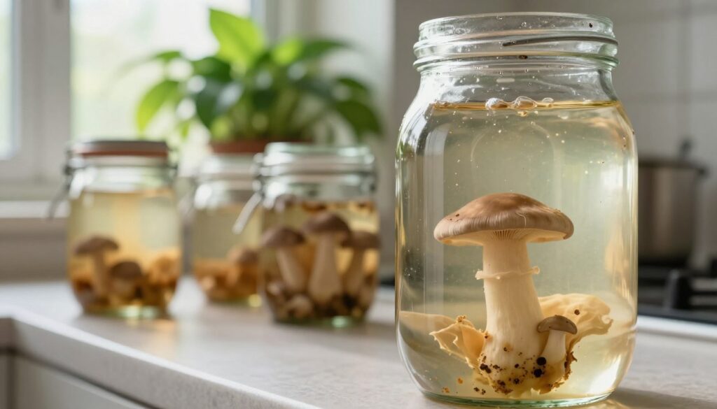 A visually compelling composition highlighting common storage mistakes for kombucha mushrooms. In the foreground, display a close-up of a kombucha mushroom floating in a glass jar filled with liquid, showcasing signs of neglect, such as discoloration and unwanted particles. In the middle ground, depict a cluttered kitchen countertop with improperly sealed jars, exposing them to sunlight and contamination. Incorporate a vibrant green plant in the background to symbolize a healthy environment, with soft, natural daylight illuminating the scene to create a warm, inviting atmosphere. The mood should convey the importance of proper storage practices while also visually warning against common mishaps. Use a slightly angled perspective to enhance depth and focus on the kombucha mushroom's details, ensuring a professional, educational feel. A visually compelling composition highlighting common storage mistakes for kombucha mushrooms. In the foreground, display a close-up of a kombucha mushroom floating in a glass jar filled with liquid, showcasing signs of neglect, such as discoloration and unwanted particles. In the middle ground, depict a cluttered kitchen countertop with improperly sealed jars, exposing them to sunlight and contamination. Incorporate a vibrant green plant in the background to symbolize a healthy environment, with soft, natural daylight illuminating the scene to create a warm, inviting atmosphere. The mood should convey the importance of proper storage practices while also visually warning against common mishaps. Use a slightly angled perspective to enhance depth and focus on the kombucha mushroom's details, ensuring a professional, educational feel.