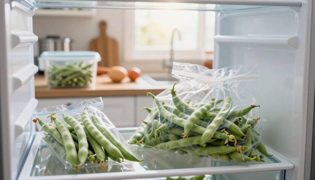 A visually striking composition illustrating the common mistakes in storing green beans. In the foreground, a partially opened fridge reveals wilting green beans improperly stored in an unsealed plastic bag. The middle ground features a countertop with various storage containers and kitchen tools that are cluttered and disorganized, suggesting chaos in food storage. The background shows a bright, well-lit kitchen with sunlight streaming through a window, creating a warm and inviting atmosphere. The focus should be on textures, highlighting the freshness of the beans contrasted with the signs of spoilage. The mood should be educative yet light-hearted, conveying the importance of proper storage techniques in keeping green beans fresh.