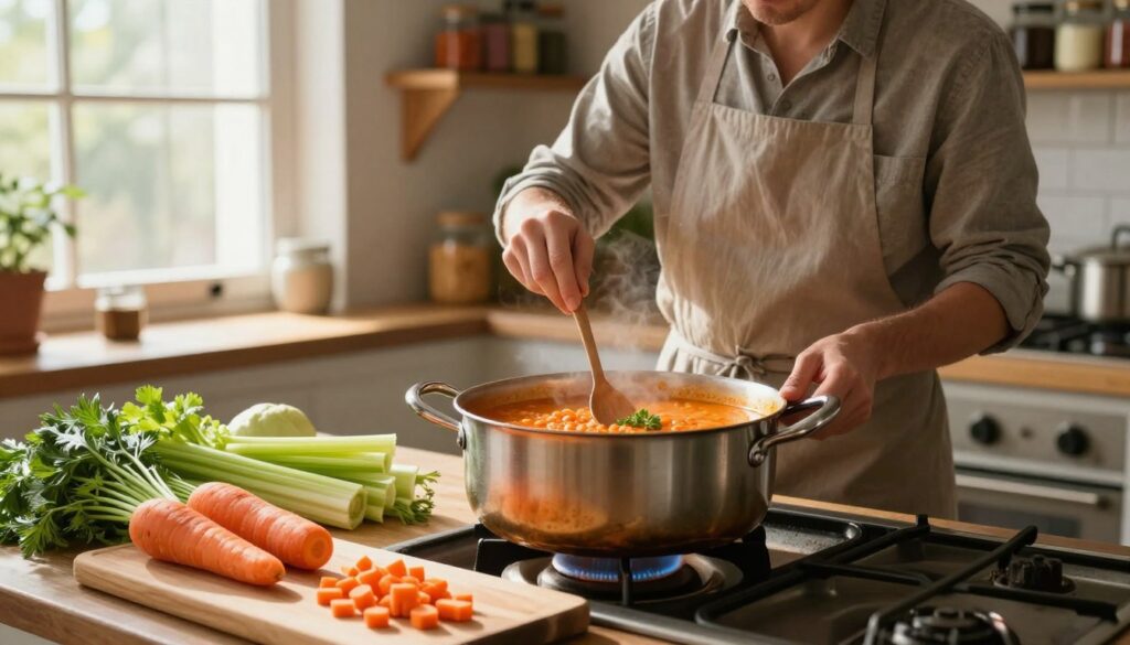 A warm and inviting kitchen scene, with a large pot simmering deliciously on the stove filled with vibrant orange-red lentil soup. The foreground features an array of fresh ingredients: chopped carrots, celery, and herbs artfully arranged on a wooden cutting board. In the middle ground, a cook in modest casual clothing is gently stirring the soup, their focus evident as they taste the flavor. Sunlight filters through a nearby window, casting a soft, inviting glow over the scene. The background showcases rustic kitchen shelves filled with spices and jars, enhancing the cozy atmosphere. Emphasize the warmth and comfort of home cooking, reflecting the joy of preparing healthy meals. Use a standard lens for a balanced perspective, capturing the essence of a nurturing culinary environment. A warm and inviting kitchen scene, with a large pot simmering deliciously on the stove filled with vibrant orange-red lentil soup. The foreground features an array of fresh ingredients: chopped carrots, celery, and herbs artfully arranged on a wooden cutting board. In the middle ground, a cook in modest casual clothing is gently stirring the soup, their focus evident as they taste the flavor. Sunlight filters through a nearby window, casting a soft, inviting glow over the scene. The background showcases rustic kitchen shelves filled with spices and jars, enhancing the cozy atmosphere. Emphasize the warmth and comfort of home cooking, reflecting the joy of preparing healthy meals. Use a standard lens for a balanced perspective, capturing the essence of a nurturing culinary environment.