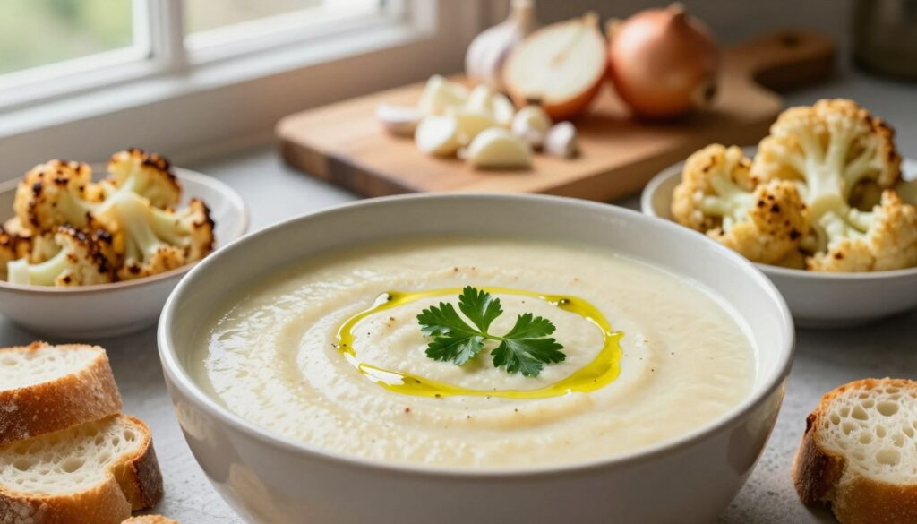 A warm, inviting bowl of creamy cauliflower soup sits in the foreground, garnished with fresh parsley and a drizzle of olive oil for a touch of elegance. The soup has a smooth, pale yellow-white color, indicating its mild flavor profile, complemented by subtle hints of nutmeg. Surrounding the bowl are rustic pieces of bread and a small dish of vibrant, roasted cauliflower florets for a more robust twist, showcasing the soup's versatility. In the middle background, a wooden cutting board holds chopped ingredients, including garlic and onions, suggesting preparation. Soft, natural light filters through a nearby window, casting gentle shadows and creating a cozy kitchen atmosphere. The scene conveys warmth and comfort, inviting the viewer to enjoy this delightful dish.
