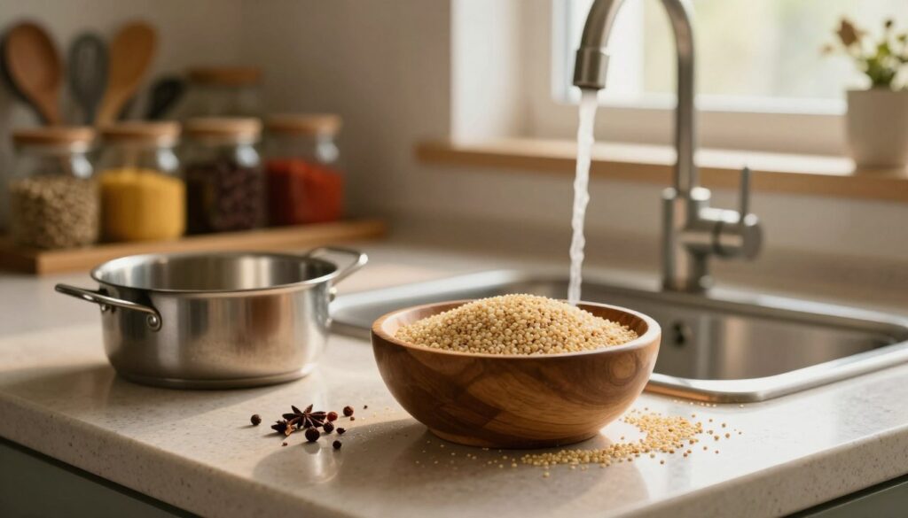 A warm, inviting kitchen scene capturing the preparation steps before cooking grains. In the foreground, a wooden bowl filled with rinsed and glistening grains, such as quinoa or couscous, sits on a beautifully textured countertop. Nearby, a small pot is set aside, showcasing its shiny interior, ready for use. In the middle ground, a gentle stream of water flows from a polished faucet, symbolizing the rinsing process, while a few scattered spices add color next to the grains, hinting at future seasoning. The background features soft-focus shelves lined with cooking utensils and vibrant spices in jars. The atmosphere is cozy and calming, with warm, natural lighting filtering through a nearby window, creating a soft glow that enhances the scene.