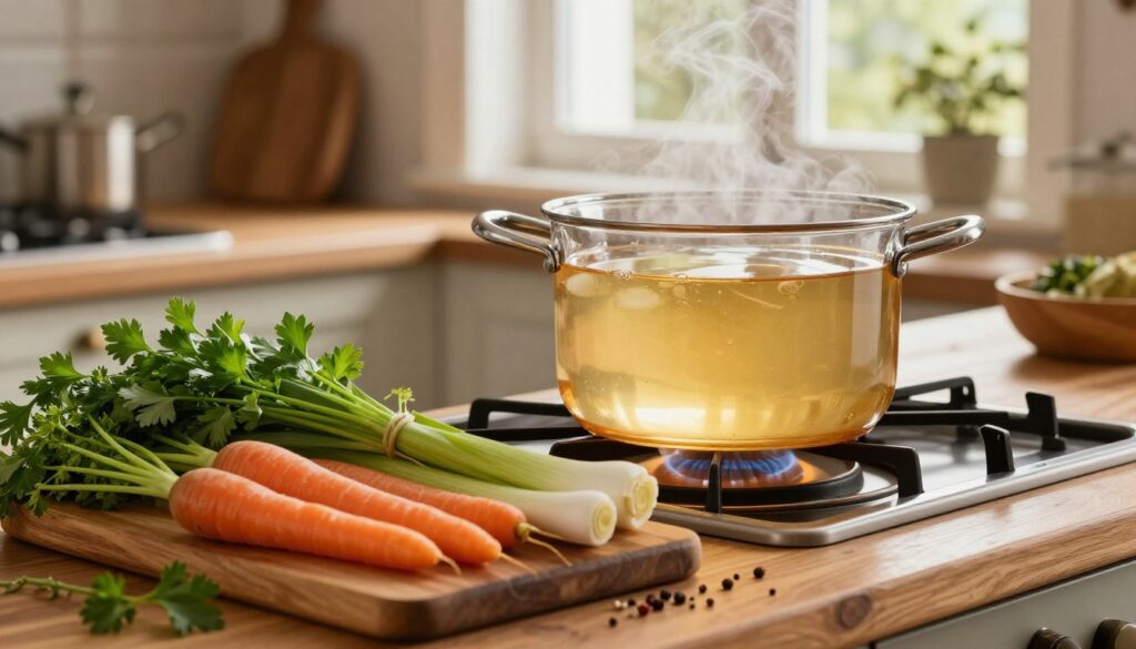 A warm, inviting kitchen scene centered around a simmering pot of clear, golden "bulion drobiowy" on a rustic wooden stove. In the foreground, fresh, vibrant vegetables like carrots, leeks, and parsley are artfully arranged on a wooden cutting board, with herbs and spices scattered around, hinting at a harmonious blend of flavors. The middle ground features the pot steaming gently, the clear broth reflecting the light, enhancing its enticing warmth. In the background, soft natural light filters through a window, casting a gentle glow across the cozy kitchen, filled with the aroma of fresh ingredients. The atmosphere is homely and inviting, evoking the essence of comfort and culinary finesse, perfect for illustrating depth in flavor from quality ingredients.