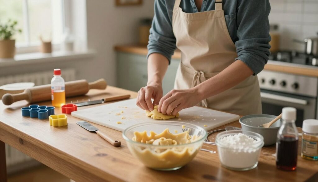 A warm, inviting kitchen scene showcasing a small kitchen table cluttered with tools for working with fondant. In the foreground, there's a bowl of slightly hardened fondant, with a spatula resting beside it, and a small container of cornstarch nearby, hinting at attempts to salvage the texture. In the middle ground, a baker, dressed in a professional apron and modest casual clothing, carefully kneads the fondant, showing a focused determination. Various baking tools, molds, and colorful food dyes are scattered around, emphasizing the creative aspect of sugar crafting. The background features soft, natural lighting coming from a nearby window, creating a cozy, warm atmosphere. The overall mood conveys a sense of hope and dedication in the process of restoring the fondant to its original pliability.