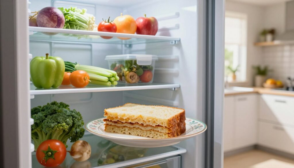 A well-lit kitchen interior featuring an open refrigerator filled with various ingredients, including a slice of sękacz placed on a decorative plate. The foreground displays the beautiful texture of sękacz, highlighting its layers and moist appearance. In the middle, the refrigerator shelves are filled with fresh produce and sealed containers, while the background shows a cozy kitchen ambiance with soft, natural light streaming through a nearby window. The angle captures the fridge's interior clearly, creating an inviting and homely atmosphere. The overall mood is fresh and organized, emphasizing the importance of proper food storage to maintain flavor and texture. The scene should be free from any text or distractions. A well-lit kitchen interior featuring an open refrigerator filled with various ingredients, including a slice of sękacz placed on a decorative plate. The foreground displays the beautiful texture of sękacz, highlighting its layers and moist appearance. In the middle, the refrigerator shelves are filled with fresh produce and sealed containers, while the background shows a cozy kitchen ambiance with soft, natural light streaming through a nearby window. The angle captures the fridge's interior clearly, creating an inviting and homely atmosphere. The overall mood is fresh and organized, emphasizing the importance of proper food storage to maintain flavor and texture. The scene should be free from any text or distractions.