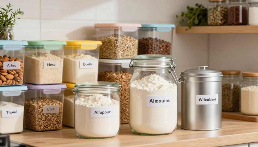 A well-organized kitchen pantry featuring various airtight containers filled with different types of flour. In the foreground, a beautiful glass jar, meticulously sealed, filled with white all-purpose flour. Beside it, a metal tin holds whole wheat flour, both labeled for clarity. In the middle ground, neatly stacked colorful plastic containers display specialty flours like almond and rye. The background shows a cozy kitchen setting with soft, warm lighting, emphasizing a clean and tidy atmosphere. A wooden shelf displays herbs and spices, adding visual interest without distraction. The overall mood is inviting and practical, highlighting the importance of proper flour storage to maintain freshness and prevent moisture and odor absorption.