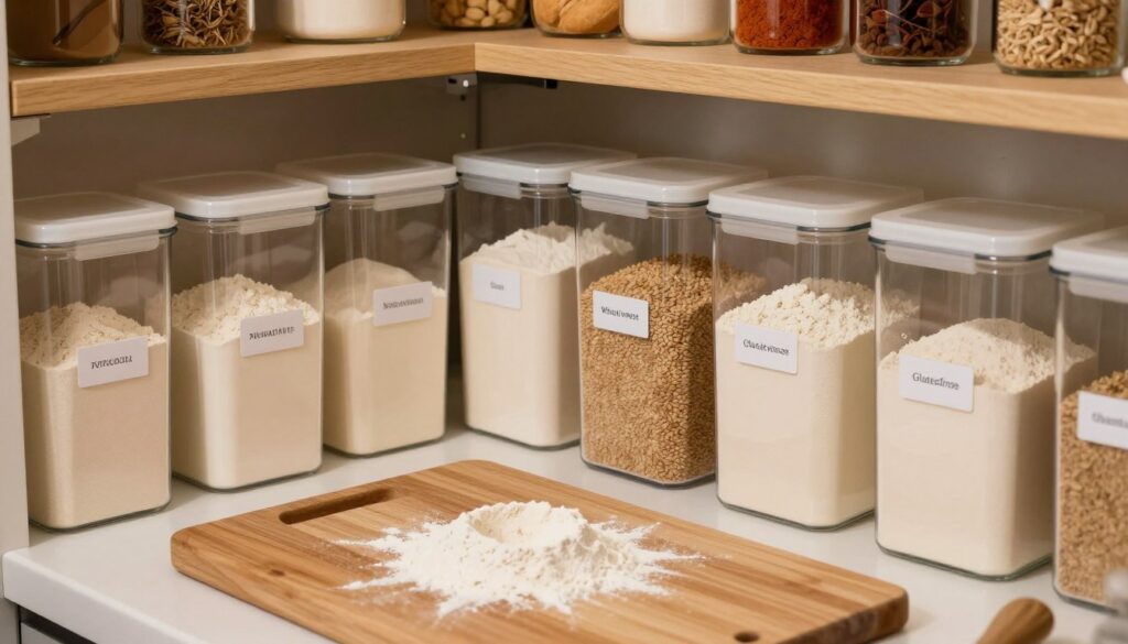 A well-organized kitchen pantry with various types of flour in clear, airtight containers, showcasing their fine textures and natural colors. In the foreground, feature a smooth wooden cutting board with a small scattering of flour, hinting at usage. The middle ground includes a variety of flour types - all-purpose, whole wheat, and gluten-free - displayed neatly labeled, emphasizing freshness. Soft, warm lighting illuminates the scene, creating a cozy and inviting atmosphere. The background displays shelves lined with spices and baking tools, complementing the focus on flour storage. The angle should be slightly overhead, capturing the organized beauty of the pantry and inviting viewers into the world of baking fresh goods.