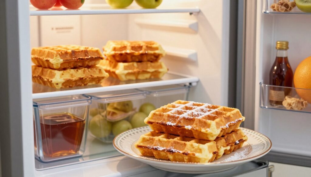 A well-organized kitchen scene featuring a fridge open to reveal neatly stacked waffles, showcasing their golden-brown texture and crispy edges. In the foreground, a decorative plate with a few waffles sits invitingly, dusted lightly with powdered sugar. The middle ground highlights the fridge's interior, emphasizing compartments with clear wraps or containers designed to maintain freshness, along with hints of syrup and fresh fruits nearby. The background showcases an inviting kitchen ambiance with warm lighting to create a cozy atmosphere. The image should have a soft focus, with vibrant colors enhancing the appeal of the waffles. Overall, the scene conveys a sense of practicality and deliciousness, demonstrating the best method to store waffles in a fridge while retaining their crunch.