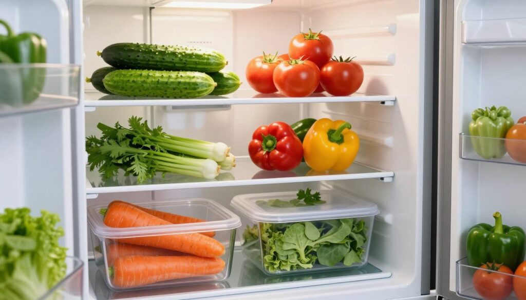 A well-organized modern refrigerator, filled with vibrant, fresh vegetables. In the foreground, there are neatly arranged carrots, bell peppers, and leafy greens in transparent storage containers, showcasing their crispness. The middle section displays shelves with bright green cucumbers and ripe tomatoes, all positioned to emphasize freshness. The background features a soft-focus on a well-lit kitchen space, with natural light streaming through a nearby window, creating a warm and inviting atmosphere. The lens is positioned at eye level, capturing a slightly angled view to offer depth. The overall mood is one of efficiency and vitality, highlighting the importance of proper vegetable storage to maintain freshness. The scene is clean and uncluttered, emphasizing the organized interior of the refrigerator. A well-organized modern refrigerator, filled with vibrant, fresh vegetables. In the foreground, there are neatly arranged carrots, bell peppers, and leafy greens in transparent storage containers, showcasing their crispness. The middle section displays shelves with bright green cucumbers and ripe tomatoes, all positioned to emphasize freshness. The background features a soft-focus on a well-lit kitchen space, with natural light streaming through a nearby window, creating a warm and inviting atmosphere. The lens is positioned at eye level, capturing a slightly angled view to offer depth. The overall mood is one of efficiency and vitality, highlighting the importance of proper vegetable storage to maintain freshness. The scene is clean and uncluttered, emphasizing the organized interior of the refrigerator.