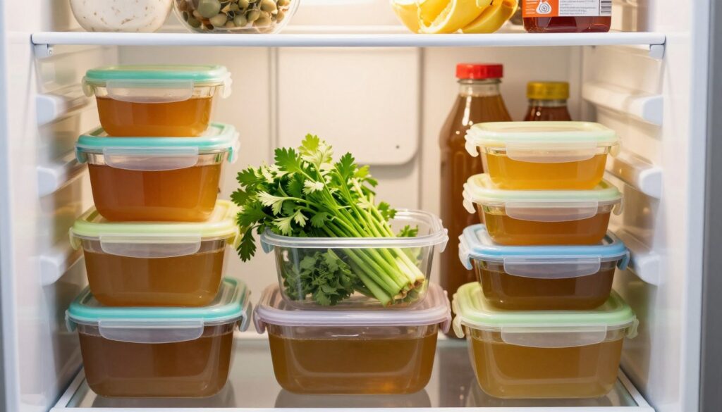 A well-organized refrigerator interior featuring neatly stacked food containers filled with homemade broth. In the foreground, focus on various airtight containers with colorful lids, showcasing different sizes and shapes, some transparent to reveal the rich golden-brown color of the broth inside. In the middle, include fresh herbs and vegetables placed in a container, adding vibrant greens to the scene. The background highlights shelves lined with neatly arranged condiments and other food items, creating a sense of order. Soft, natural lighting illuminates the scene, creating a warm and inviting atmosphere, while the lens captures a slight angle from above to emphasize the contents of the fridge, promoting a sense of freshness and safety in food storage. A well-organized refrigerator interior featuring neatly stacked food containers filled with homemade broth. In the foreground, focus on various airtight containers with colorful lids, showcasing different sizes and shapes, some transparent to reveal the rich golden-brown color of the broth inside. In the middle, include fresh herbs and vegetables placed in a container, adding vibrant greens to the scene. The background highlights shelves lined with neatly arranged condiments and other food items, creating a sense of order. Soft, natural lighting illuminates the scene, creating a warm and inviting atmosphere, while the lens captures a slight angle from above to emphasize the contents of the fridge, promoting a sense of freshness and safety in food storage.
