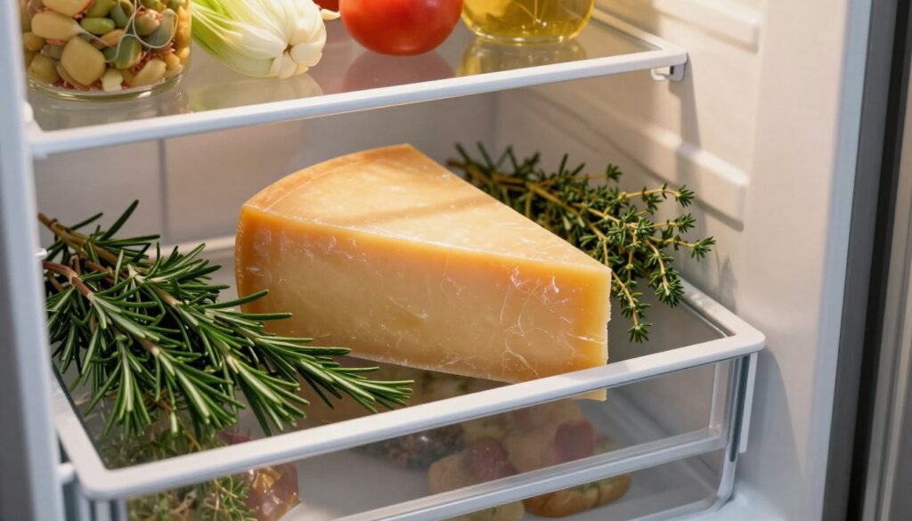 A well-organized refrigerator interior featuring various storage compartments, with a beautifully wrapped piece of Parmesan cheese stored in a dedicated cheese drawer. The cheese is presented with a glossy, waxy finish, showing its rich golden hue. Surrounding it, fresh herbs like rosemary and thyme are arranged for visual appeal. Soft, warm lighting enhances the textures and colors, creating an inviting and appetizing atmosphere. In the background, shelves are neatly stocked with other groceries, reinforcing the idea of proper food storage. The shot is taken from a slightly elevated angle to provide depth and focus on the cheese, creating a serene kitchen environment that conveys freshness and care in food preservation. A well-organized refrigerator interior featuring various storage compartments, with a beautifully wrapped piece of Parmesan cheese stored in a dedicated cheese drawer. The cheese is presented with a glossy, waxy finish, showing its rich golden hue. Surrounding it, fresh herbs like rosemary and thyme are arranged for visual appeal. Soft, warm lighting enhances the textures and colors, creating an inviting and appetizing atmosphere. In the background, shelves are neatly stocked with other groceries, reinforcing the idea of proper food storage. The shot is taken from a slightly elevated angle to provide depth and focus on the cheese, creating a serene kitchen environment that conveys freshness and care in food preservation.
