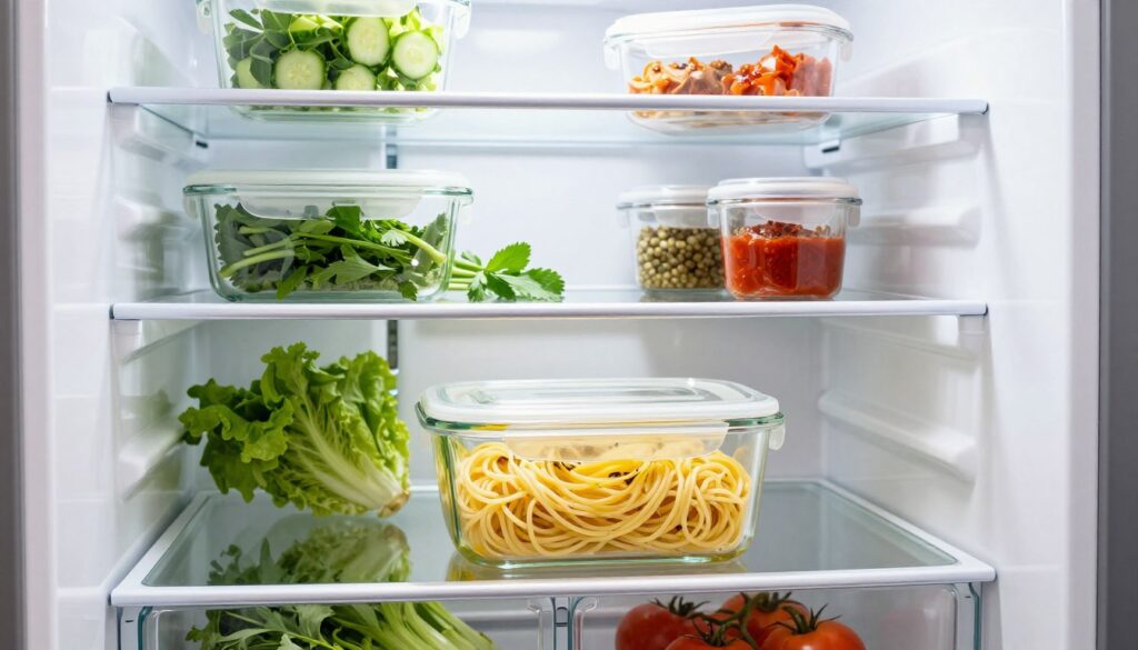 A well-organized refrigerator interior showcasing cooked pasta stored properly. In the foreground, a clear glass container filled with beautifully cooked, non-sticky pasta, lightly drizzled with olive oil, sitting with an airtight lid. In the middle, several sections of the fridge, highlighting fresh vegetables and herbs for flavoring, as well as containers containing various sauces. The background features bright and even lighting illuminating the organized shelves. The fridge's interior should appear clean and inviting, creating a mood of freshness and readiness for meal preparation. Use a wide-angle lens to capture the full depth of the fridge, emphasizing the neat arrangement. A well-organized refrigerator interior showcasing cooked pasta stored properly. In the foreground, a clear glass container filled with beautifully cooked, non-sticky pasta, lightly drizzled with olive oil, sitting with an airtight lid. In the middle, several sections of the fridge, highlighting fresh vegetables and herbs for flavoring, as well as containers containing various sauces. The background features bright and even lighting illuminating the organized shelves. The fridge's interior should appear clean and inviting, creating a mood of freshness and readiness for meal preparation. Use a wide-angle lens to capture the full depth of the fridge, emphasizing the neat arrangement.