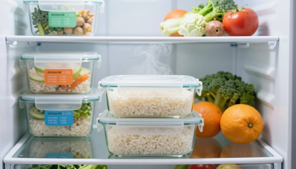 A well-organized refrigerator interior, showcasing neatly stored containers of cooked rice in clear glass and plastic containers. The foreground features a close-up of a container with a lid slightly ajar, revealing fluffy white rice, steam gently rising. In the middle ground, there are colorful labels on each container, indicating storage dates for freshness. The background is filled with various other food items, such as vegetables and fruits, arranged healthily. The lighting is bright and inviting, simulating natural daylight to enhance colors, with a slight lens blur on the background to emphasize the rice. The overall mood is clean, fresh, and visually appealing, emphasizing the importance of proper food storage. A well-organized refrigerator interior, showcasing neatly stored containers of cooked rice in clear glass and plastic containers. The foreground features a close-up of a container with a lid slightly ajar, revealing fluffy white rice, steam gently rising. In the middle ground, there are colorful labels on each container, indicating storage dates for freshness. The background is filled with various other food items, such as vegetables and fruits, arranged healthily. The lighting is bright and inviting, simulating natural daylight to enhance colors, with a slight lens blur on the background to emphasize the rice. The overall mood is clean, fresh, and visually appealing, emphasizing the importance of proper food storage.