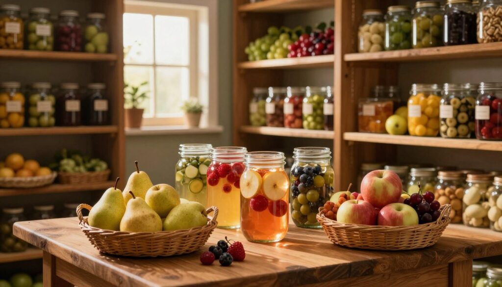 A well-organized storage space for fruit, showcasing a pantry scene that embodies freshness and quality preservation. In the foreground, a wooden table is adorned with lush fruits like pears, apples, and berries, arranged elegantly in wicker baskets. In the middle, a rustic pantry filled with glass jars containing homemade fruit infusions, twinkling in the warm light, highlighting their vibrant colors. The background reveals a cool, softly lit cellar with wooden shelves, displaying carefully labeled jars and fresh produce. Gentle golden hour sunlight filters through a small window, casting a warm and inviting glow over the scene. The atmosphere is serene and inviting, emphasizing the importance of proper fruit storage for preserving flavor and aroma. The composition should evoke a sense of care and attention to detail. A well-organized storage space for fruit, showcasing a pantry scene that embodies freshness and quality preservation. In the foreground, a wooden table is adorned with lush fruits like pears, apples, and berries, arranged elegantly in wicker baskets. In the middle, a rustic pantry filled with glass jars containing homemade fruit infusions, twinkling in the warm light, highlighting their vibrant colors. The background reveals a cool, softly lit cellar with wooden shelves, displaying carefully labeled jars and fresh produce. Gentle golden hour sunlight filters through a small window, casting a warm and inviting glow over the scene. The atmosphere is serene and inviting, emphasizing the importance of proper fruit storage for preserving flavor and aroma. The composition should evoke a sense of care and attention to detail.