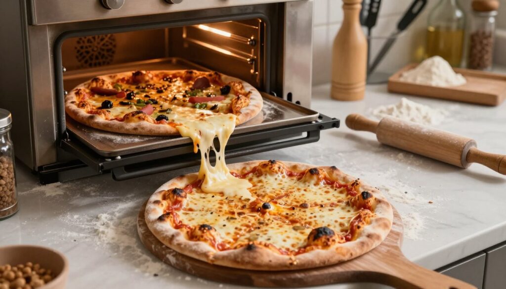 An artistic depiction of common pizza baking mistakes, featuring a kitchen scene with a partially baked pizza on a wooden peel. In the foreground, zoom in on the burnt cheese and uneven crust, displaying visual cues of overbaking. In the middle ground, portray an oven with the door open, revealing a chaotic pizza inside with excessive toppings spilling over and excessive cheese melting onto the bottom. The background should feature a well-organized kitchen with flour scattered on the countertops and essential tools like a rolling pin and pizza cutter, providing context. Use warm, inviting lighting to create a homely atmosphere, and capture the scene from a slightly elevated angle to emphasize the pizza's flaws. An artistic depiction of common pizza baking mistakes, featuring a kitchen scene with a partially baked pizza on a wooden peel. In the foreground, zoom in on the burnt cheese and uneven crust, displaying visual cues of overbaking. In the middle ground, portray an oven with the door open, revealing a chaotic pizza inside with excessive toppings spilling over and excessive cheese melting onto the bottom. The background should feature a well-organized kitchen with flour scattered on the countertops and essential tools like a rolling pin and pizza cutter, providing context. Use warm, inviting lighting to create a homely atmosphere, and capture the scene from a slightly elevated angle to emphasize the pizza's flaws.