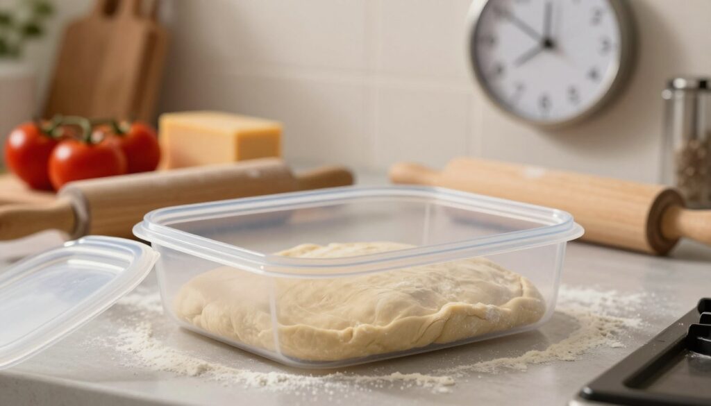 An organized kitchen scene showing a pizza dough placed in a clear, airtight container, with some flour scattered on the countertop. In the foreground, the container should be partially open, revealing soft, risen dough inside, hinting at freshness. The middle ground features a rolling pin and ingredients like tomatoes and cheese, symbolizing the idea of making pizza. In the background, a clock on the wall suggests the concept of time passing, reflecting the storage duration of the dough. The lighting is warm and inviting, casting soft shadows to evoke a cozy, homey atmosphere. Use a shallow depth of field to focus on the dough while softly blurring the other elements. The mood should be welcoming and encouraging, resonating with the theme of culinary preparation. An organized kitchen scene showing a pizza dough placed in a clear, airtight container, with some flour scattered on the countertop. In the foreground, the container should be partially open, revealing soft, risen dough inside, hinting at freshness. The middle ground features a rolling pin and ingredients like tomatoes and cheese, symbolizing the idea of making pizza. In the background, a clock on the wall suggests the concept of time passing, reflecting the storage duration of the dough. The lighting is warm and inviting, casting soft shadows to evoke a cozy, homey atmosphere. Use a shallow depth of field to focus on the dough while softly blurring the other elements. The mood should be welcoming and encouraging, resonating with the theme of culinary preparation.