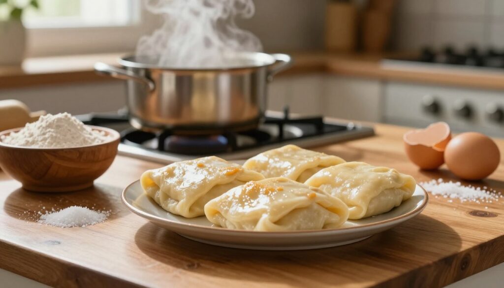 Close-up of a vibrant kitchen scene focused on a polished wooden table with a plate of freshly made kopytka, glistening and soft, surrounded by ingredients for the perfect dish. Include rustic bowls filled with flour, a cracked egg, and a sprinkle of salt. In the background, a pot of boiling water on the stove emits gentle steam, indicating an inviting cooking atmosphere. The natural light from a nearby window casts warm tones across the scene, highlighting the textures of the kopytka and the kitchen's cozy ambiance. Capture the essence of home cooking with a shallow depth of field to emphasize the detail in the foreground while softly blurring the background, creating a warm and inviting mood of culinary delight.