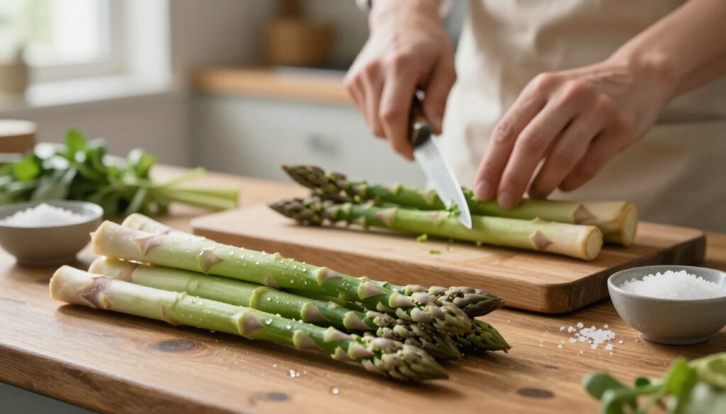 Fresh green asparagus laid out on a rustic wooden kitchen counter, showcasing various stages of preparation. In the foreground, a bunch of vibrant, unwashed asparagus spears, with dew drops reflecting the morning light, and a small bowl of sea salt beside it. In the middle ground, a chef's hand, wearing a plain apron, delicately trimming the tough ends of the asparagus with a sharp knife, demonstrating the pre-cooking process. The background is softly blurred, revealing a warm kitchen atmosphere with hints of herbs and a cutting board. Soft, natural light filters through a nearby window, creating a calm and inviting mood, perfect for a cooking scene.