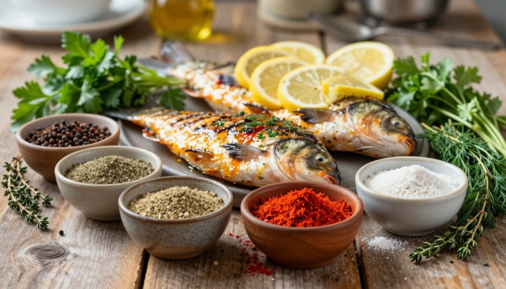 A beautifully arranged array of spices emphasizing the rich flavor of carp, featuring a vibrant display of paprika, dill, and garlic powder, all set on a rustic wooden table. In the foreground, focus on small bowls of spices with earthy textures, surrounded by fresh herbs like parsley and thyme, adding a splash of green. The middle ground includes the glistening, lightly marinated pieces of carp waiting to be grilled, garnished with lemon slices. In the background, softly blurred, hints of a kitchen scene create a warm, inviting atmosphere with natural lighting illuminating the colors and textures of the spices. This image conveys a feeling of culinary tradition and warmth, perfect for showcasing the spices that enhance the character of the fish. A beautifully arranged array of spices emphasizing the rich flavor of carp, featuring a vibrant display of paprika, dill, and garlic powder, all set on a rustic wooden table. In the foreground, focus on small bowls of spices with earthy textures, surrounded by fresh herbs like parsley and thyme, adding a splash of green. The middle ground includes the glistening, lightly marinated pieces of carp waiting to be grilled, garnished with lemon slices. In the background, softly blurred, hints of a kitchen scene create a warm, inviting atmosphere with natural lighting illuminating the colors and textures of the spices. This image conveys a feeling of culinary tradition and warmth, perfect for showcasing the spices that enhance the character of the fish.