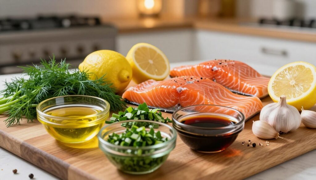 A beautifully arranged assortment of fresh ingredients for a salmon marinade, featuring vibrant sprigs of dill, bright lemons, and whole garlic cloves. In the foreground, a wooden cutting board displays finely chopped herbs alongside small glass bowls filled with olive oil, soy sauce, and honey. The middle section showcases whole salmon fillets, glistening with freshness, while hints of cracked pepper are scattered around. In the background, a softly blurred kitchen setting with warm, ambient lighting creates a cozy atmosphere. The angle captures the scene from slightly above, highlighting the textures and colors of the ingredients, evoking a sense of culinary artistry and preparation for an aromatic dish. A beautifully arranged assortment of fresh ingredients for a salmon marinade, featuring vibrant sprigs of dill, bright lemons, and whole garlic cloves. In the foreground, a wooden cutting board displays finely chopped herbs alongside small glass bowls filled with olive oil, soy sauce, and honey. The middle section showcases whole salmon fillets, glistening with freshness, while hints of cracked pepper are scattered around. In the background, a softly blurred kitchen setting with warm, ambient lighting creates a cozy atmosphere. The angle captures the scene from slightly above, highlighting the textures and colors of the ingredients, evoking a sense of culinary artistry and preparation for an aromatic dish.