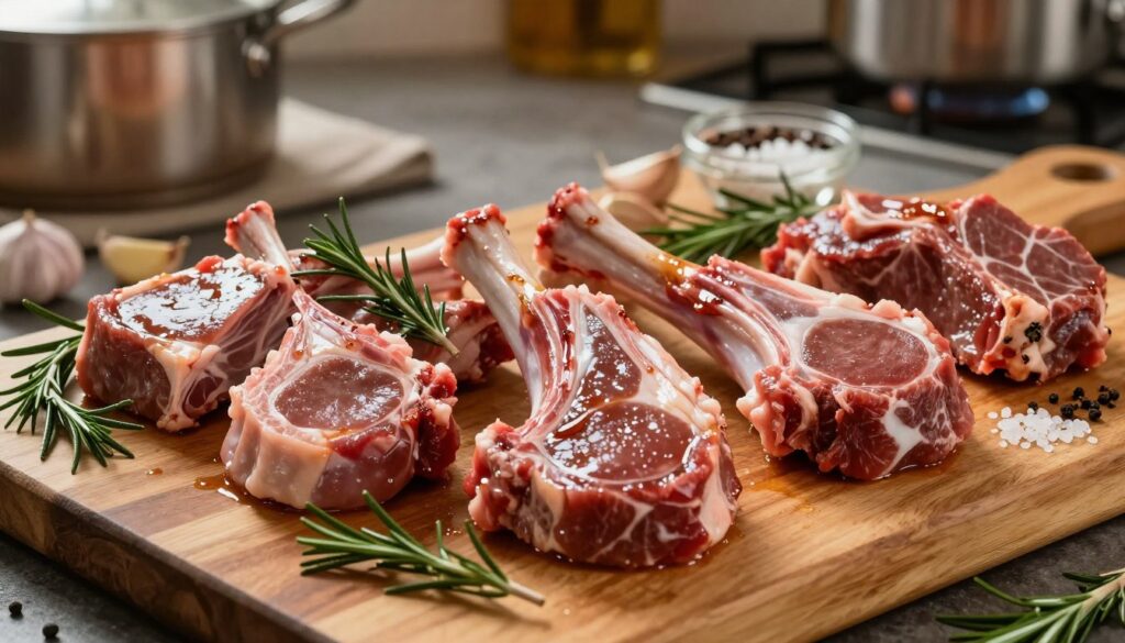 A beautifully arranged assortment of various cuts of lamb meat presented on a rustic wooden cutting board. The foreground features succulent lamb chops, tender leg of lamb, and neatly trimmed shoulder cuts, glistening with a light glaze that reflects soft, warm lighting. Fresh herbs like rosemary and thyme are scattered artistically around the meat, enhancing its appeal. In the middle ground, a selection of spices, including garlic cloves and coarse sea salt, is artfully placed, emphasizing the importance of flavor enhancements. The background offers a blurred kitchen setting, with pots and pans hinting at a cozy culinary environment. The overall atmosphere is warm and inviting, capturing the essence of a home-cooked meal, perfect for showcasing the rich flavors of lamb. A beautifully arranged assortment of various cuts of lamb meat presented on a rustic wooden cutting board. The foreground features succulent lamb chops, tender leg of lamb, and neatly trimmed shoulder cuts, glistening with a light glaze that reflects soft, warm lighting. Fresh herbs like rosemary and thyme are scattered artistically around the meat, enhancing its appeal. In the middle ground, a selection of spices, including garlic cloves and coarse sea salt, is artfully placed, emphasizing the importance of flavor enhancements. The background offers a blurred kitchen setting, with pots and pans hinting at a cozy culinary environment. The overall atmosphere is warm and inviting, capturing the essence of a home-cooked meal, perfect for showcasing the rich flavors of lamb.