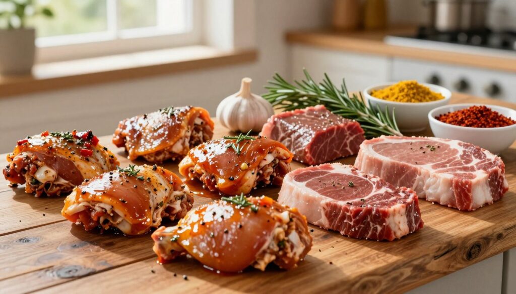 A beautifully arranged assortment of various marinated meats displayed on a rustic wooden table. In the foreground, showcase a selection of chicken thighs, beef steaks, and pork chops, each glistening with rich, flavorful marinades and sprinkled with herbs. The middle ground features vibrant ingredients like garlic, fresh rosemary, and bowls of colorful spices, emphasizing the marination process. In the background, a softly blurred kitchen setting with sunlight streaming through a window, creating a warm and inviting atmosphere. Capture the scene with a slightly angled view using natural lighting to enhance texture and detail, evoking a sense of culinary warmth and anticipation. The overall mood should be appetizing and clean, focusing on the art of marination.