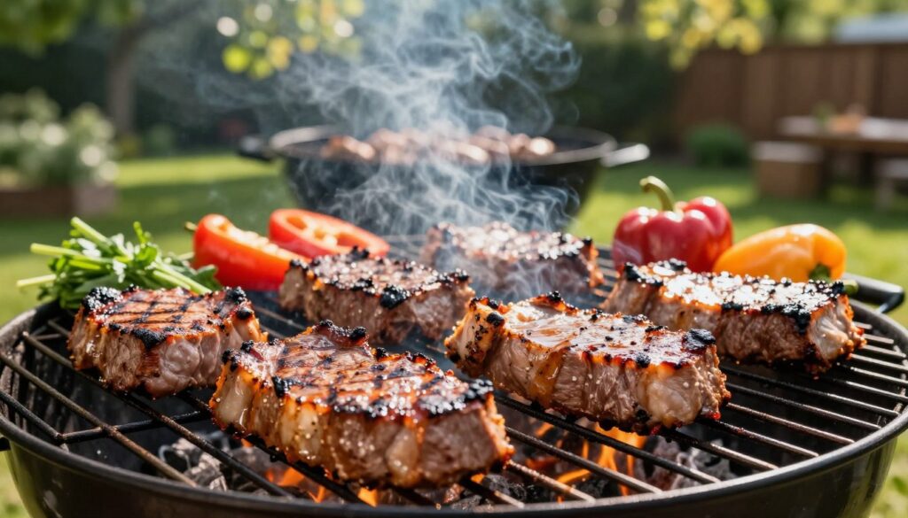 A beautifully arranged barbecue scene featuring grilled pork neck steaks, or "karkówki," sizzling on an outdoor grill. In the foreground, the pork steaks appear juicy and well-seasoned, glistening with a savory marinade that enhances their texture. The middle ground reveals a charcoal grill, surrounded by vibrant sides such as colorful bell peppers and fresh herbs. The background is a sunny backyard setting, with dappled sunlight filtering through lush green trees, creating a warm and inviting atmosphere. The image should have rich, natural colors and soft focus in the background to emphasize the succulent meat in the foreground. The camera angle captures the heat and smokiness of grilling, evoking a sense of summer gatherings and flavorful meals.
