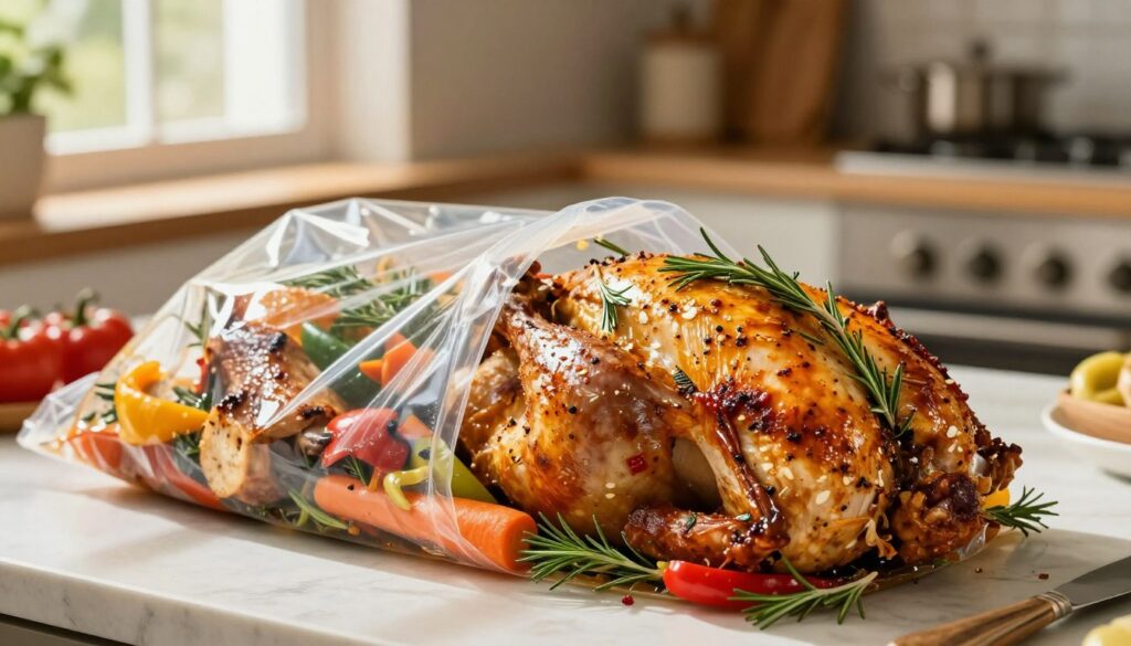A beautifully arranged chicken placed in a transparent roasting bag, showcasing the marinated chicken with vibrant herbs and spices, such as rosemary and garlic, clinging to the skin. In the foreground, the chicken is positioned upright, glistening with a flavorful marinade. In the middle, the bag is slightly open, revealing juicy cuts and colorful vegetables like carrots and bell peppers surrounding the chicken. The background features a warm kitchen setting with natural lighting filtering in from a nearby window, casting soft shadows. The atmosphere is inviting and cozy, evoking the sense of a home-cooked meal in progress. The scene captures the essence of preparing a delicious roasted chicken dish. A beautifully arranged chicken placed in a transparent roasting bag, showcasing the marinated chicken with vibrant herbs and spices, such as rosemary and garlic, clinging to the skin. In the foreground, the chicken is positioned upright, glistening with a flavorful marinade. In the middle, the bag is slightly open, revealing juicy cuts and colorful vegetables like carrots and bell peppers surrounding the chicken. The background features a warm kitchen setting with natural lighting filtering in from a nearby window, casting soft shadows. The atmosphere is inviting and cozy, evoking the sense of a home-cooked meal in progress. The scene captures the essence of preparing a delicious roasted chicken dish.
