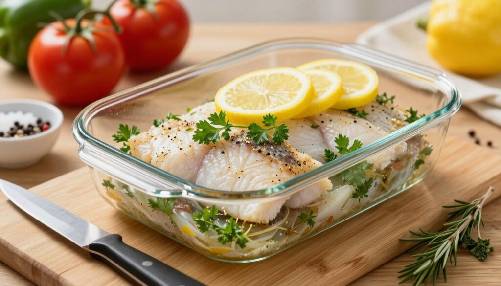 A beautifully arranged, clear glass casserole dish filled with fresh, seasoned cod fillets, garnished with sprigs of parsley and lemon slices on top. The dish sits on a wooden countertop, surrounded by kitchen tools like a knife, cutting board, and small bowls of spices including salt, pepper, and herbs. Soft, natural lighting illuminates the scene, creating a warm and inviting atmosphere. In the background, slightly blurred, there are fresh vegetables like tomatoes and bell peppers, hinting at what might accompany the dish. The focus is on the casserole dish as the centerpiece, with a shallow depth of field to draw attention to its transparent quality and the vibrant colors of the ingredients. A beautifully arranged, clear glass casserole dish filled with fresh, seasoned cod fillets, garnished with sprigs of parsley and lemon slices on top. The dish sits on a wooden countertop, surrounded by kitchen tools like a knife, cutting board, and small bowls of spices including salt, pepper, and herbs. Soft, natural lighting illuminates the scene, creating a warm and inviting atmosphere. In the background, slightly blurred, there are fresh vegetables like tomatoes and bell peppers, hinting at what might accompany the dish. The focus is on the casserole dish as the centerpiece, with a shallow depth of field to draw attention to its transparent quality and the vibrant colors of the ingredients.