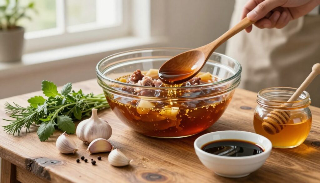 A beautifully arranged cooking scene focused on preparing a flavorful marinade for pork knuckle. In the foreground, a rustic wooden table holds a mix of fresh herbs, spices, garlic cloves, and bowls of soy sauce and honey, creating an inviting kitchen atmosphere. The middle ground showcases a large glass bowl being filled with the marinade ingredients, with a wooden spoon resting beside it. In the background, soft, diffused natural light streams through a nearby window, illuminating the scene and highlighting the textures of the ingredients. The overall mood is warm and cozy, perfect for a culinary adventure. The image should be detailed, capturing the vibrant colors and freshness of the marinade components, without any people present. A beautifully arranged cooking scene focused on preparing a flavorful marinade for pork knuckle. In the foreground, a rustic wooden table holds a mix of fresh herbs, spices, garlic cloves, and bowls of soy sauce and honey, creating an inviting kitchen atmosphere. The middle ground showcases a large glass bowl being filled with the marinade ingredients, with a wooden spoon resting beside it. In the background, soft, diffused natural light streams through a nearby window, illuminating the scene and highlighting the textures of the ingredients. The overall mood is warm and cozy, perfect for a culinary adventure. The image should be detailed, capturing the vibrant colors and freshness of the marinade components, without any people present.